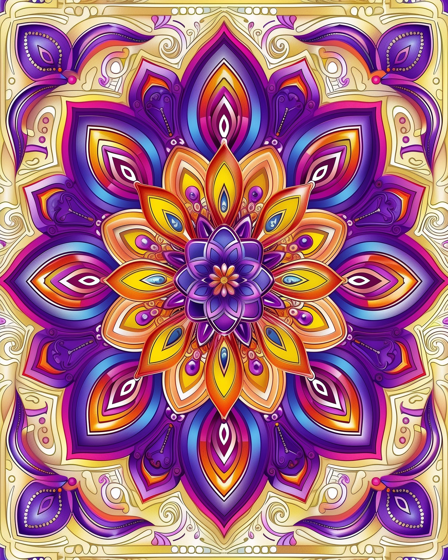 Farbenfroher Blütenzauber - Mandalas von miicreaitve. Ein kraftvoller und farbenprächtiger Mandala mit intensiven Violett- und Gelbtönen, der die Kreativität und Achtsamkeit unterstreicht.