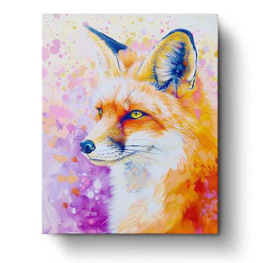 Ein leuchtend abstrakter Fuchs mit kräftigen Orangetönen und violetten Spritzern. Produkt: Fuchs Fantasie - Abstract Animals von miicreaitve. Ein meditativer und kreativer Malen nach Zahlen Genuss.