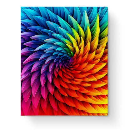 Das Bild zeigt den Farbenwirbel des Friedens von miicreaitve, ein Mandalas-Malen-nach-Zahlen-Kit. Lebendige Regenbogenfarben vereinen sich zu einem hypnotischen, spiralförmigen Design, das Kreativität und Achtsamkeit fördert.