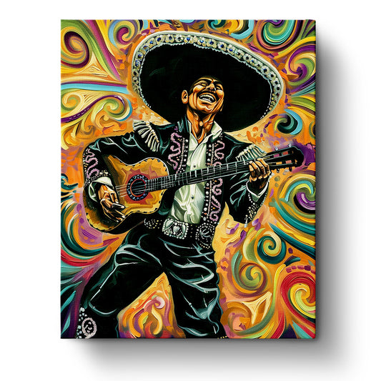 Ein farbenfrohes Malen nach Zahlen Bild eines lächelnden Mariachi mit Gitarre, präsentiert von miicreaitve. Lebendige Farben und ein dynamisches Design betonen die künstlerische und meditative Erfahrung des Sets.