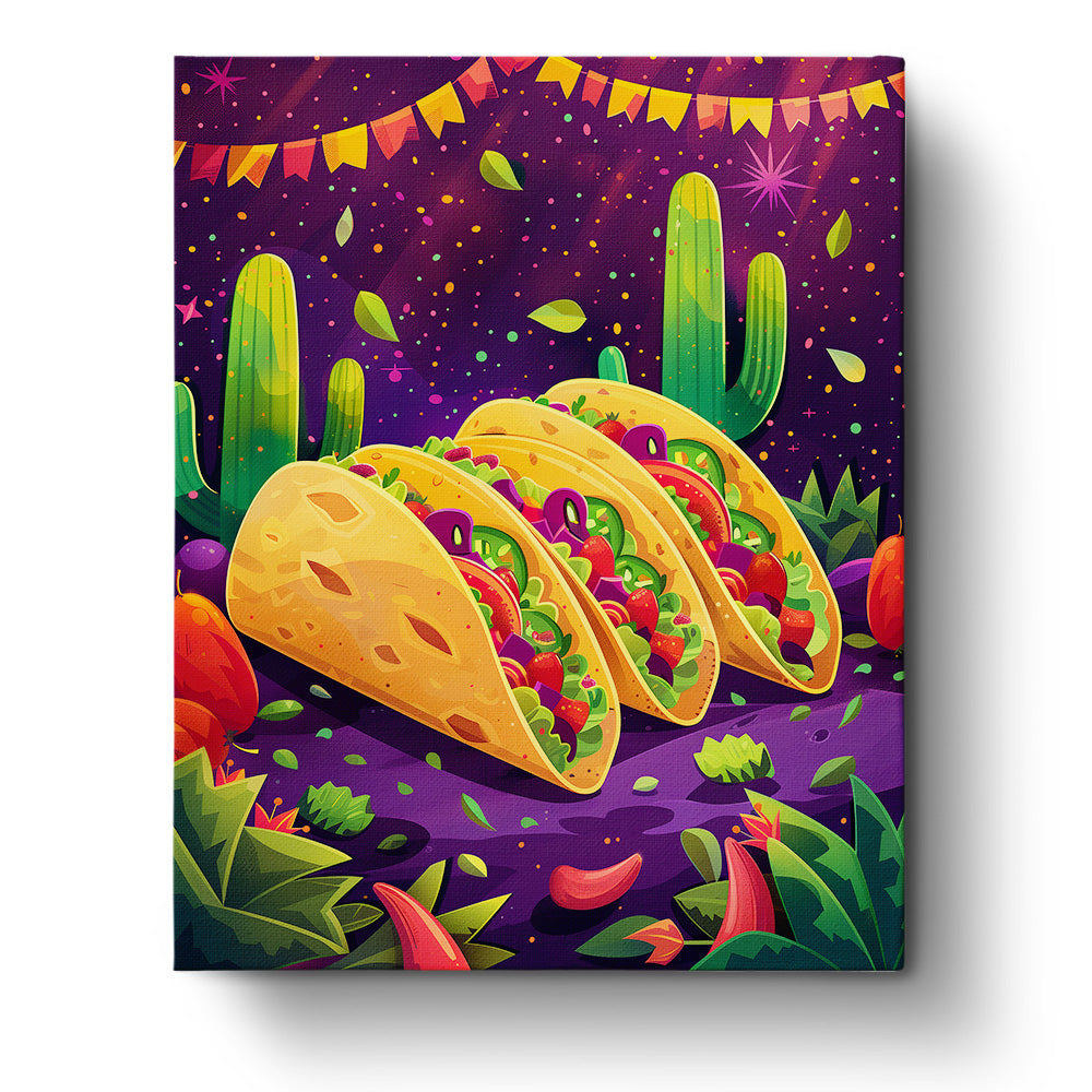 Illustratives Bild von drei farbenfrohen Tacos mit Kaktus im Hintergrund, Fiesta der Tacos - Mexiko, miicreaitve. Lebhafte Farben und mexikanische Motive fördern Kreativität und Achtsamkeit.