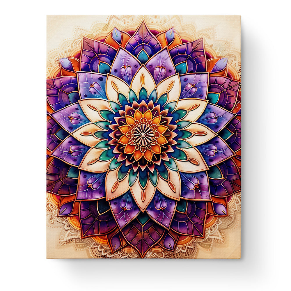 Ein beeindruckendes Mandala in lebhaften Violett-, Blau- und Orangetönen. Faszination des Lichts - Mandalas von miicreaitve. Fördert Achtsamkeit und Kreativität.