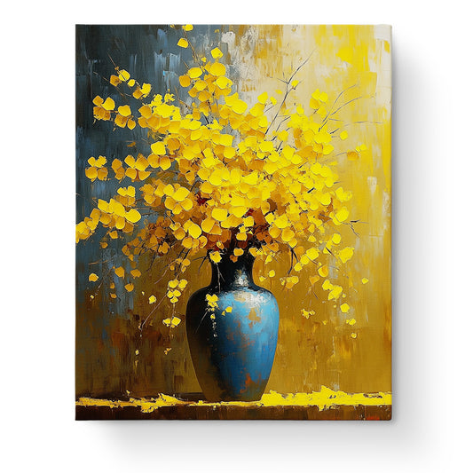 Ein Malen nach Zahlen Kunstwerk mit gelben Blüten in einer blauen Vase von miicreaitve. Lebhafte Farbkombinationen und entspannende kreative Aktivität.