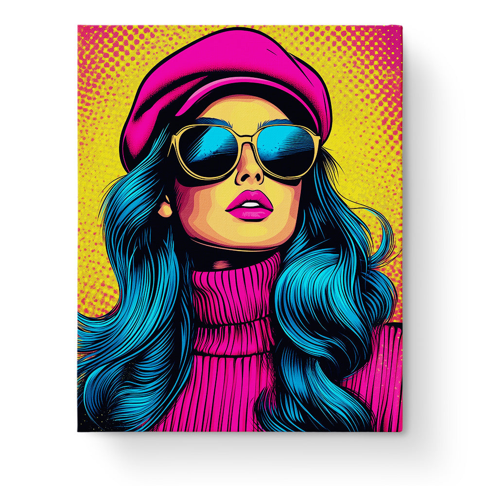 Ein energiegeladenes Pop-Art-Bild einer stilvollen Frau mit blauen Haaren und Sonnenbrille, gezeichnet von miicreaitve. Perfekt für Malen nach Zahlen und kreative Entspannung.