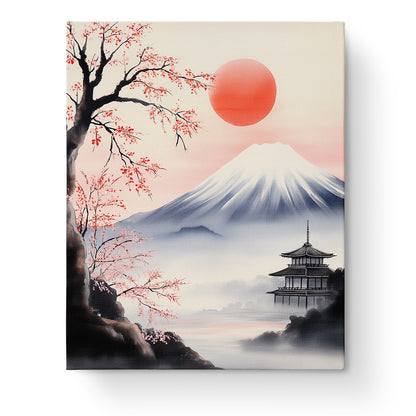 Japanisches Bergpanorama von miicreative – Malen nach Zahlen Kit mit Kirschblüten und roter Sonne, perfekt für kreative Entspannung.