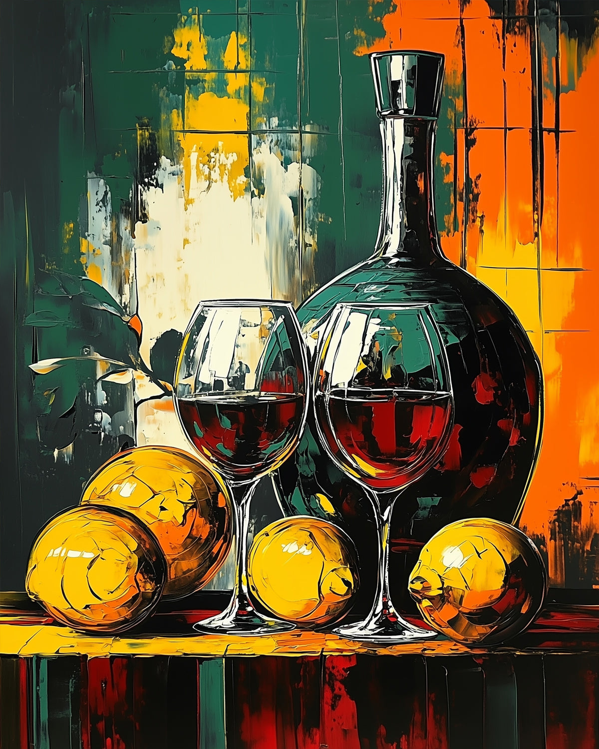 Miicreative's Stillleben mit Weingläsern und Zitronen. Ein harmonisches Kunstwerk in Orange und Grün, perfekt für entspannendes Malen nach Zahlen.