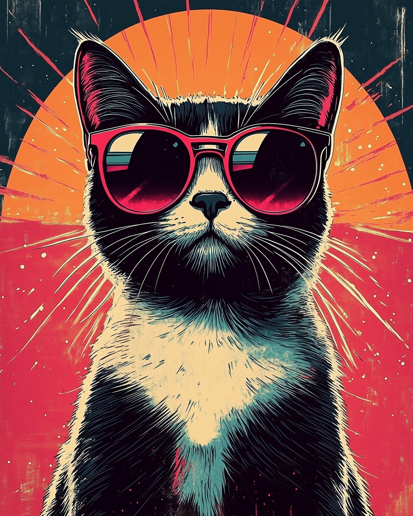 Pop Art Katze mit Sonnenbrille im Vordergrund. Inspiriert zu Kreativität und Achtsamkeit. Malen nach Zahlen von miicreative für Entspannung und Spaß.