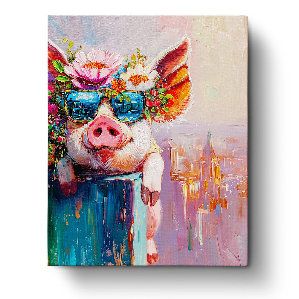 Ein fröhliches Schwein mit Sonnenblumenkrone und Sonnenbrille, dargestellt in lebhaften Farben. Das Bild unterstreicht die meditative und kreative Erfahrung des Malsets 'Fröhliches Schwein im Sonnenlicht - Abstract Animals' von miicreaitve.