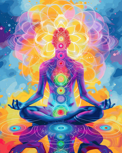 Ein meditatives Bild von miicreaitve zeigt eine Person in Lotusposition mit leuchtenden Chakra-Farben. Perfekt für Achtsamkeit und Kreativität mit dem Malen nach Zahlen Kit 'Chakra Farbspiel' - Meditation.