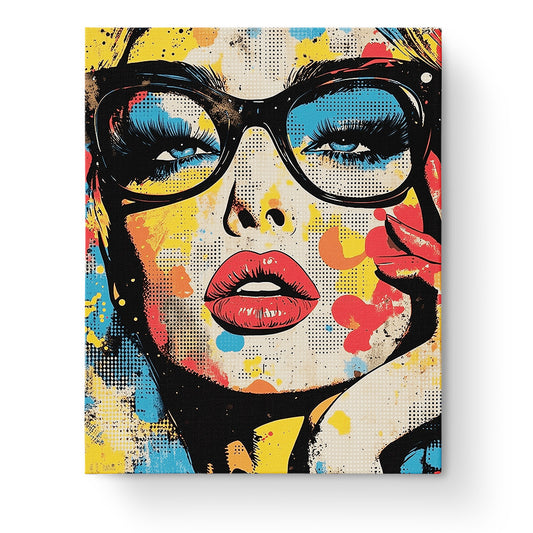 Eine lebhafte Pop-Art-Darstellung eines Gesichts mit Brille in kräftigen Gelb-, Blau- und Rottönen. Farbenfrohe Brillenschönheit von miicreative, ein kreatives und entspannendes Malen nach Zahlen Erlebnis.