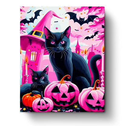 Illustration von schwarzen Katzen und pinken Kürbissen unter einer pinken und violetten Mondnacht, Produkt Magische Katzen und Kürbisse - Halloween von miicreaitve. Ideal für Achtsamkeit und Kreativität.