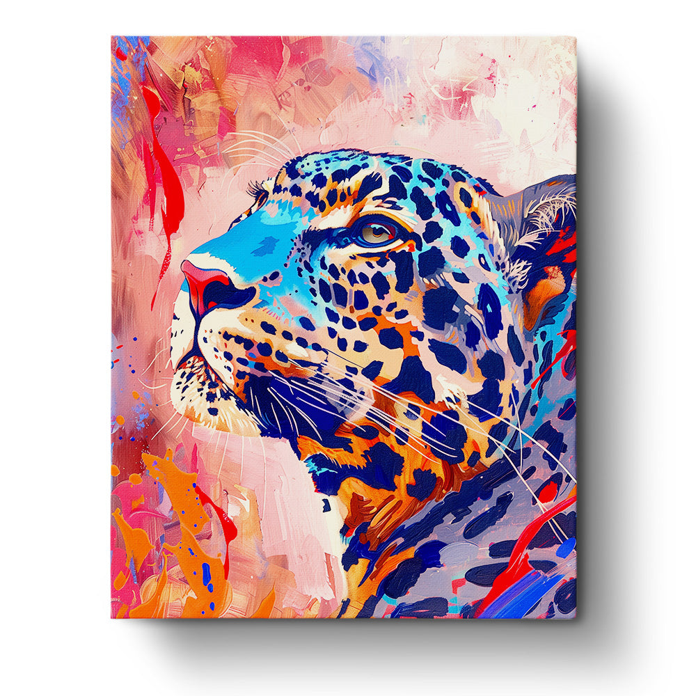 Ein lebendiger und farbenprächtiger Leopardenkopf in Blau- und Orangetönen aus der Abstract Animals Kollektion. Dieses Malen nach Zahlen Set von miicreaitve fördert Achtsamkeit und Kreativität.