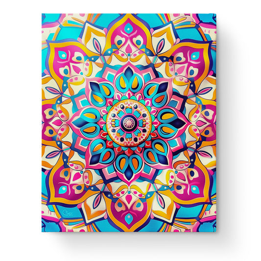 Ein leuchtendes Mandala-Muster mit kräftigen Farben wie Blau, Pink und Orange, das Achtsamkeit und Kreativität fördert. Produkt: Mandala der Gelassenheit - Meditation von miicreaitve.