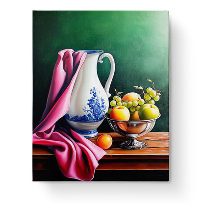 Elegante Komposition mit Keramik - Still Life von miicreaitve. Ein Bild mit blauer Vase, Früchten und einem Tuch. Perfekt für Achtsamkeit und Malen nach Zahlen.