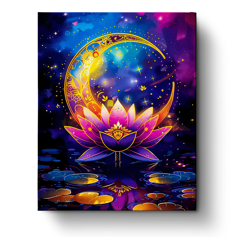 Ein leuchtender Lotus unter einem detailreichen goldenen Halbmond vor einem Aquarellhintergrund voller Sterne. Produkt 'Lotuszauber im Mondschein - Meditation' von miicreaitve. Betone die magische Atmosphäre und kreative Achtsamkeit.