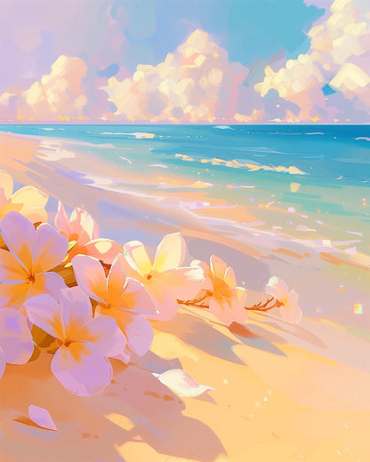 Ein friedliches Strandbild mit zarten Blüten, das Teil der Kollektion 'Blüten am Strand - Bohemian Vibes' von miicreaitve ist. Warme Farben erzeugen eine beruhigende Atmosphäre für kreative und meditative Momente.