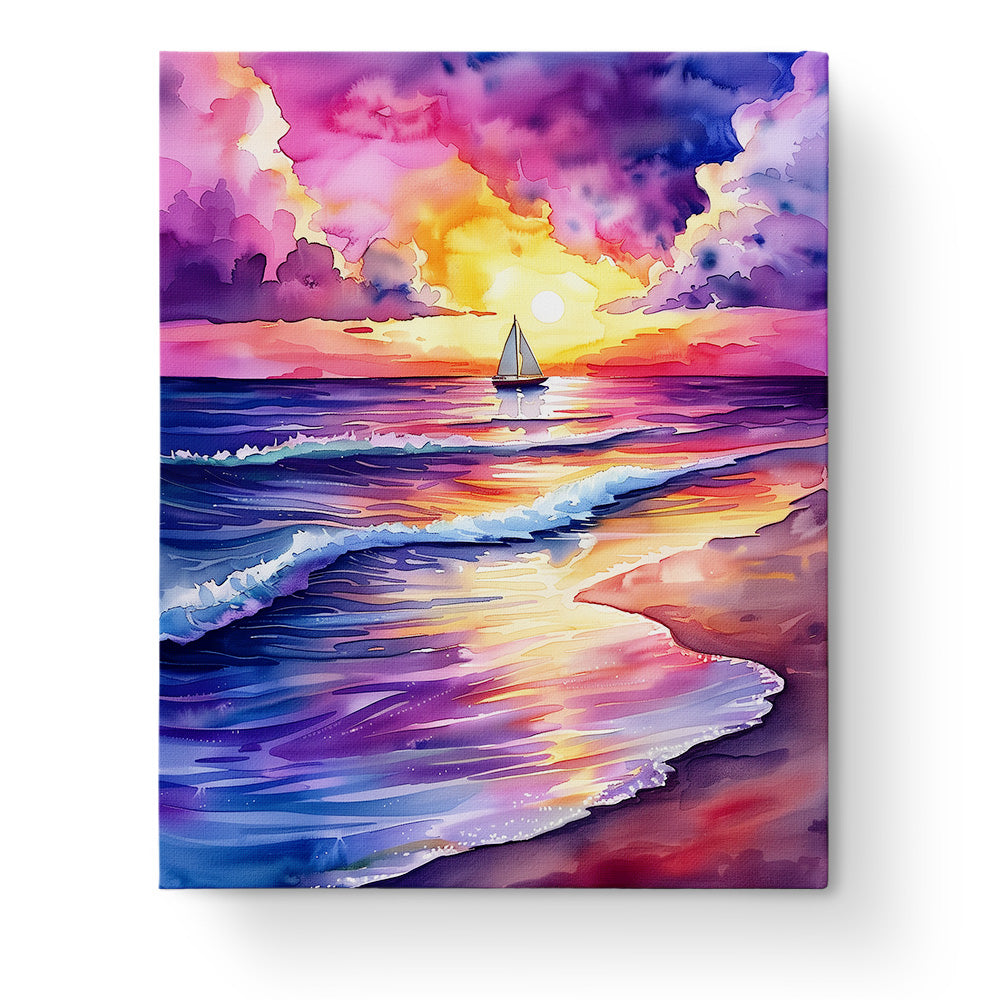 Segeln bei Sonnenuntergang - Sea Landscape, miicreaitve. Ein leuchtendes Gemälde mit Boot und farbenfrohem Himmel. Perfekt für Entspannung und Kreativität.