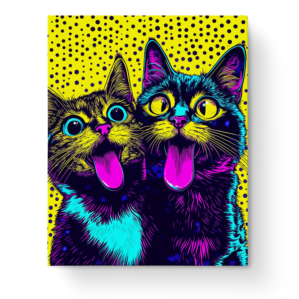 Zwei bunte Katzen mit offenem Mund vor einem gepunkteten Hintergrund. Malen nach Zahlen Kit von miicreative. Visualisiere die Freude und Kreativität durch lebendige Farben. Perfekt für Achtsamkeit und kreatives Malen.