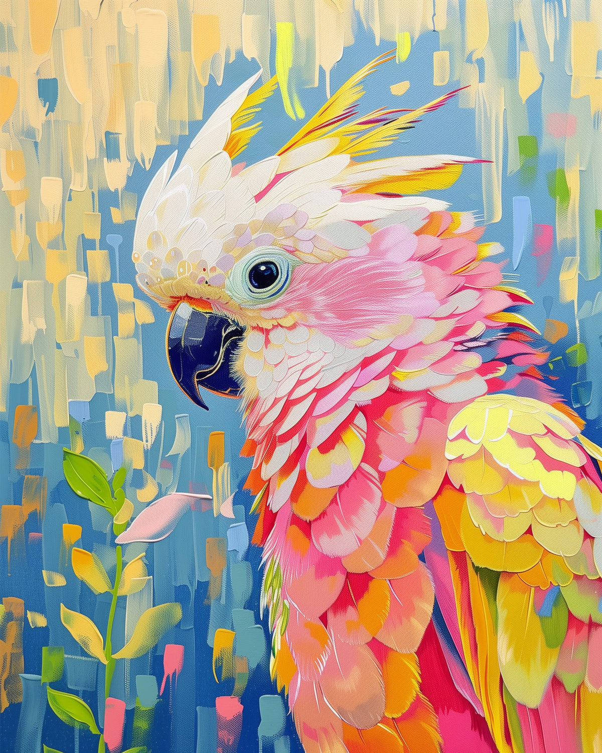 Abstraktes Bild eines bunten Papageis von miicreaitve, mit leuchtenden rosa, gelben und blauen Farben, die Achtsamkeit und Kreativität beim Malen fördern.