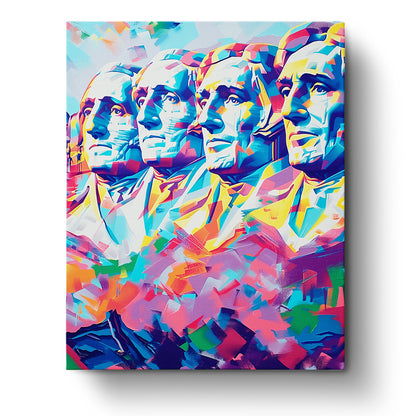 Ein lebendiges Malen nach Zahlen Kit des Mount Rushmore, präsentiert von miicreaitve. Das Bild zeigt helle Pastelltöne mit historischen Figuren und betont die kreative und meditative Komponente des Sets.