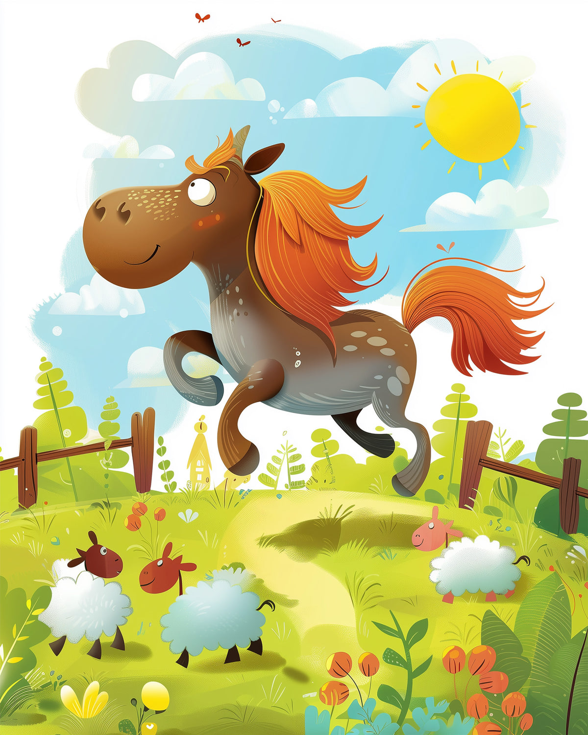 Ein fröhliches Pony galoppiert durch eine grüne Wiese, begleitet von Schafen und Sonnenschein. miicreaitve's Fröhlicher Pony-Ausflug - Kids zeigt leuchtende Farben und fördert Kreativität und Achtsamkeit.