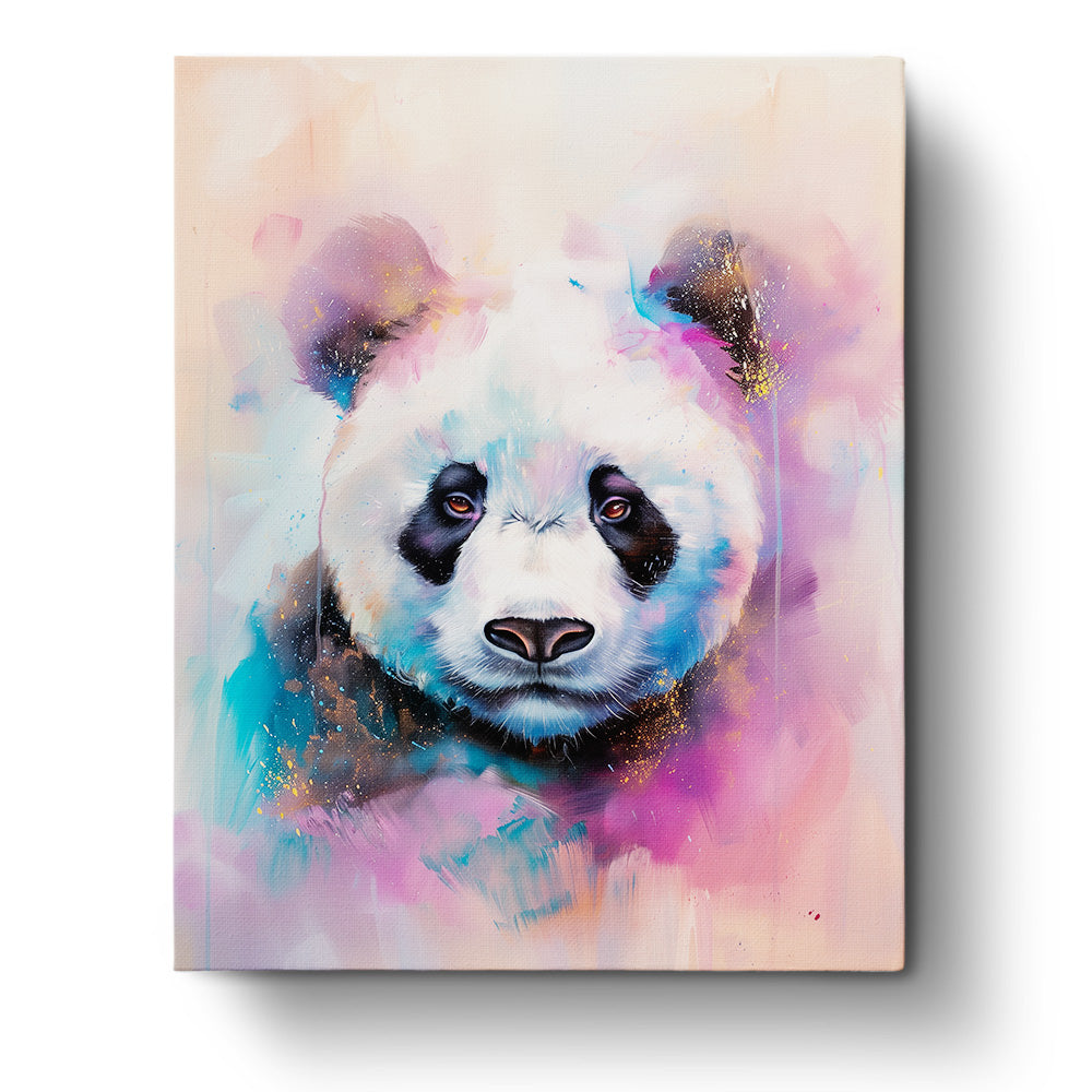 Bild eines bunten Panda-Kopfes in lebhaften Pastelltönen, mit dem Produktnamen 'Bunter Panda - Abstract Animals' und der Marke miicreaitve. Ideal für meditative und kreative Stunden.