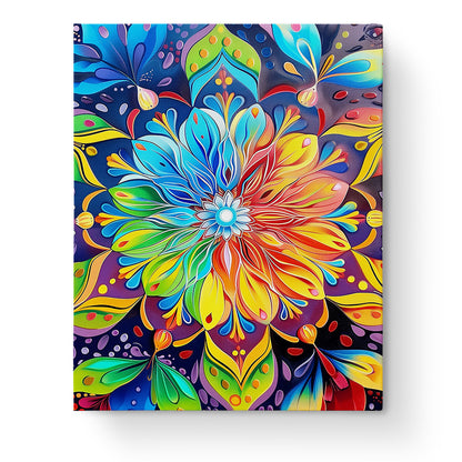 Ein lebhaftes und farbenfrohes Blütenmandala, das mit dem Produkt 'Farbenfrohes Blütenmandala - Meditation' von miicreaitve gestaltet wurde. Dieses Bild betont die reichen Farben und die meditative Kunst der Malen nach Zahlen Methode.