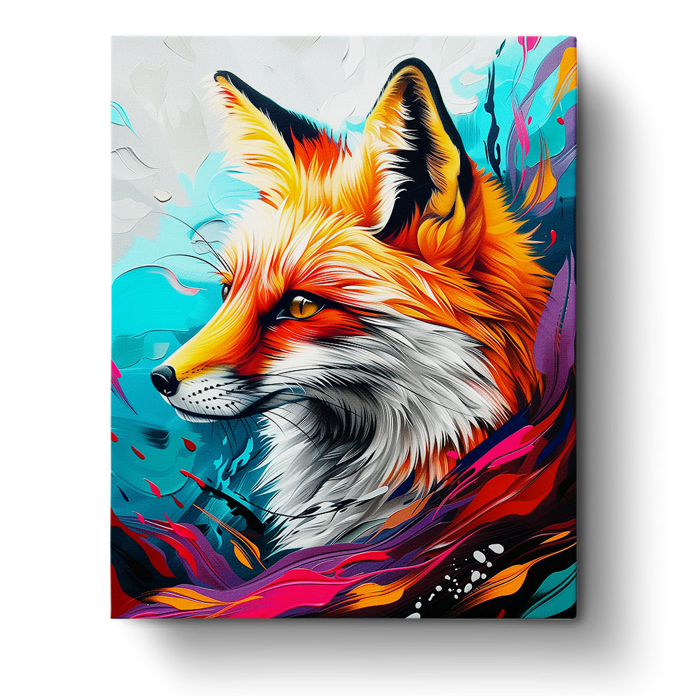 Lebhaftes Portrait eines abstrakten Fuchses mit kräftigen Farben und dynamischen Formen. Der Titel ist 'Fuchs im Farbenmeer - Abstract Animals' von miicreaitve. Das Bild betont die meditative und kreative Seite des Kits.