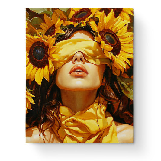 Ein inspirierendes Bild einer Frau mit Sonnenblumen bedeckt, dargestellt in intensiven Gelb- und Brauntönen. Sonnenblumen Eleganz - Floral Women von miicreative. Ein meditatives Malen nach Zahlen Erlebnis.