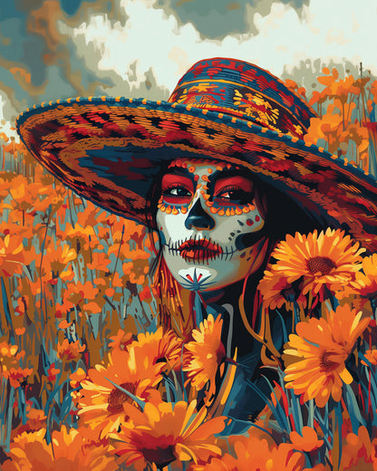 Ein lebendiges Bild einer Calavera mit Blumen von miicreaitve, zeigt detaillierte Muster und leuchtende Farben. Diese Malen nach Zahlen Set fördert Achtsamkeit und Kreativität.